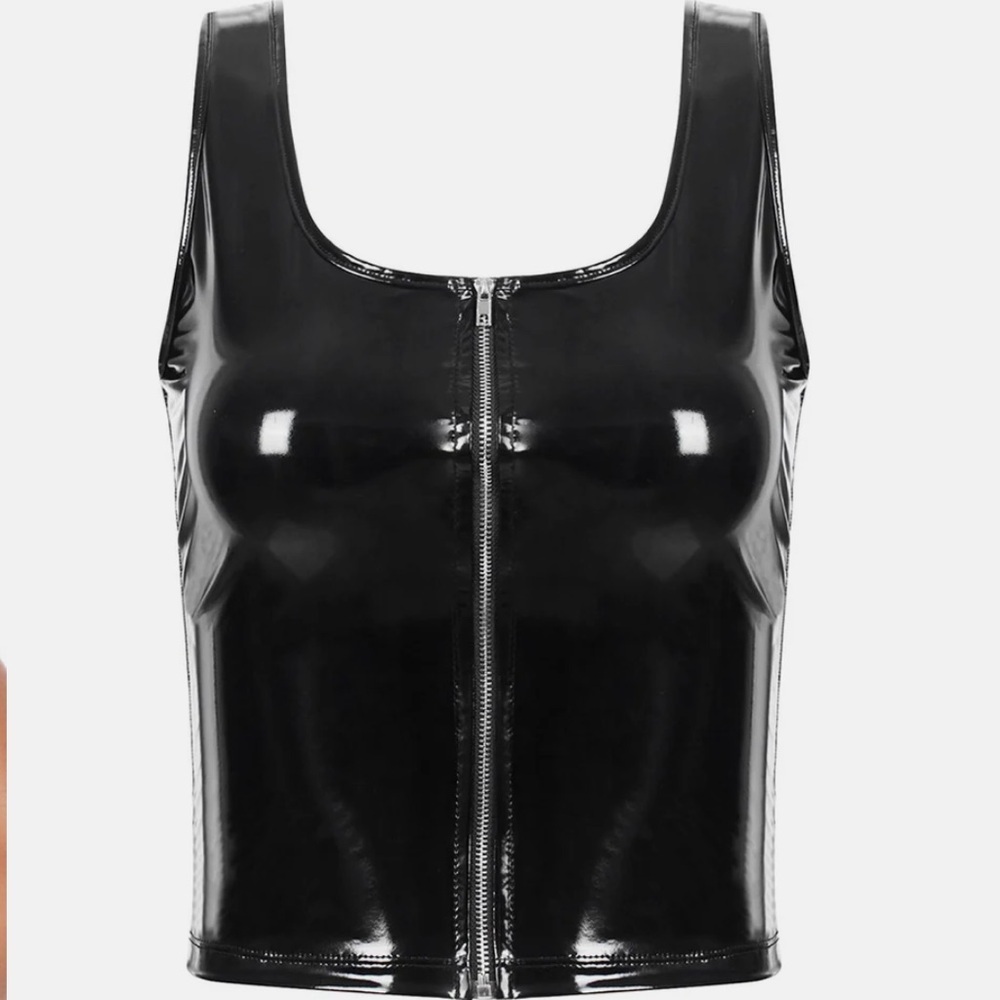 Elegant Moments Leather Black Patent Zip Up Tank Top